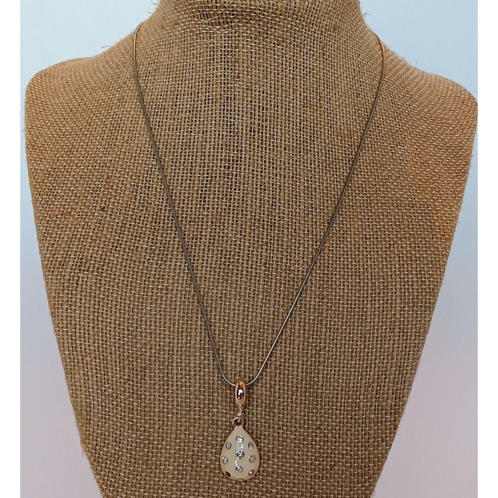 Silver Plated Cream Enamel & Rhinestone Teardrop Pendant Necklace 16 in